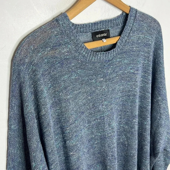 Eskandar One Size Blue Linen Blend Longline Knit Crewneck Tunic Sweater Dress - Picture 4 of 13
